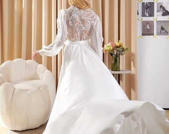 Bridal Robe For Bride, Long Lace Bridesmaid Robe, Bride Robe with Train and Maxi Length, Handmade