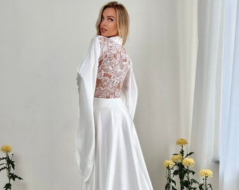 Long Lace Bridal Robe, Getting Ready Robe with Train, White