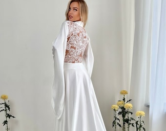 Bridal robe for bride, Luxury Lace Wedding kimono with Train, Floor length robe