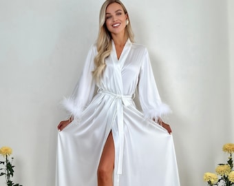 White Feather Bridal Robe, Long Satin Getting Ready Gown