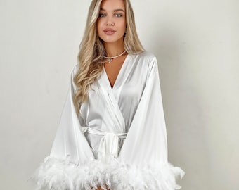 White Feather Bridal Robe, Long Silk Satin Robe