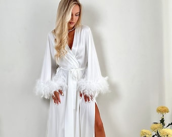 Feather Bridal Robe, Maxi Satin Bride Kimono, Bridesmaid Gift