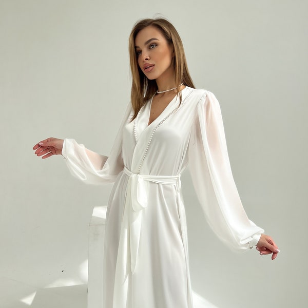 Wedding robes Luxury bridal robe Wedding day robe Long bridal robes  White robe with pearls  Robe for bride Bridesmaid gift