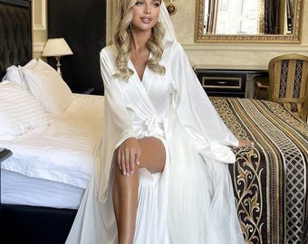 Bride Robe, Long White Satin Train Wedding Getting Ready Robe
