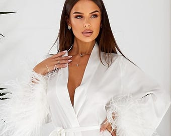 Ostrich Feather Bridal Robe — Long White Silk Kimono Wedding