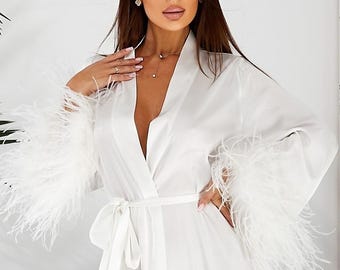 Luxury White Bridal Satin Robe, Ostrich Feather Sleeves Kimono