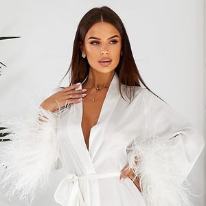 Luxury Bridal Robe with Ostrich Feathers,Long Silk Dressing Gown, Bridesmaid Robes