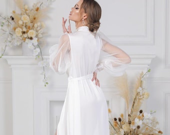 Long White Lace Bridal Robe, Wedding Morning Robe for Bride