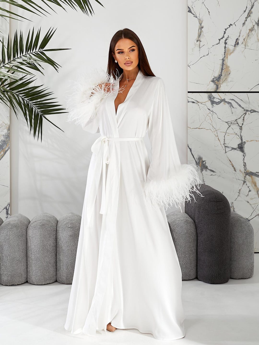 Feathery Robe White Satin Bridal Robe – Feather Trim, Wedding Lingerie - Etsy