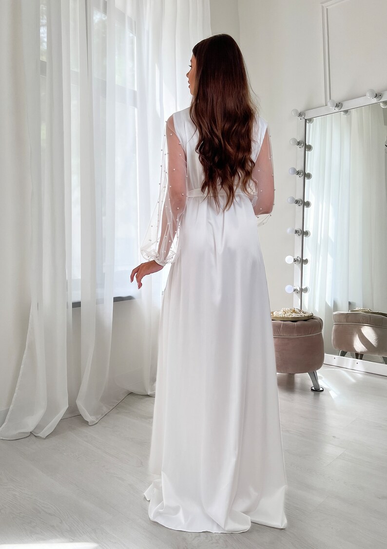 White Bride Robe White Bridal Robe for Bride With Pearls, Long Wedding Day Dressing Gown ...