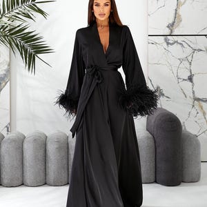 Long Black Satin Kimono Robe, Natural Ostrich Feather Kimono,bridesmaid ...