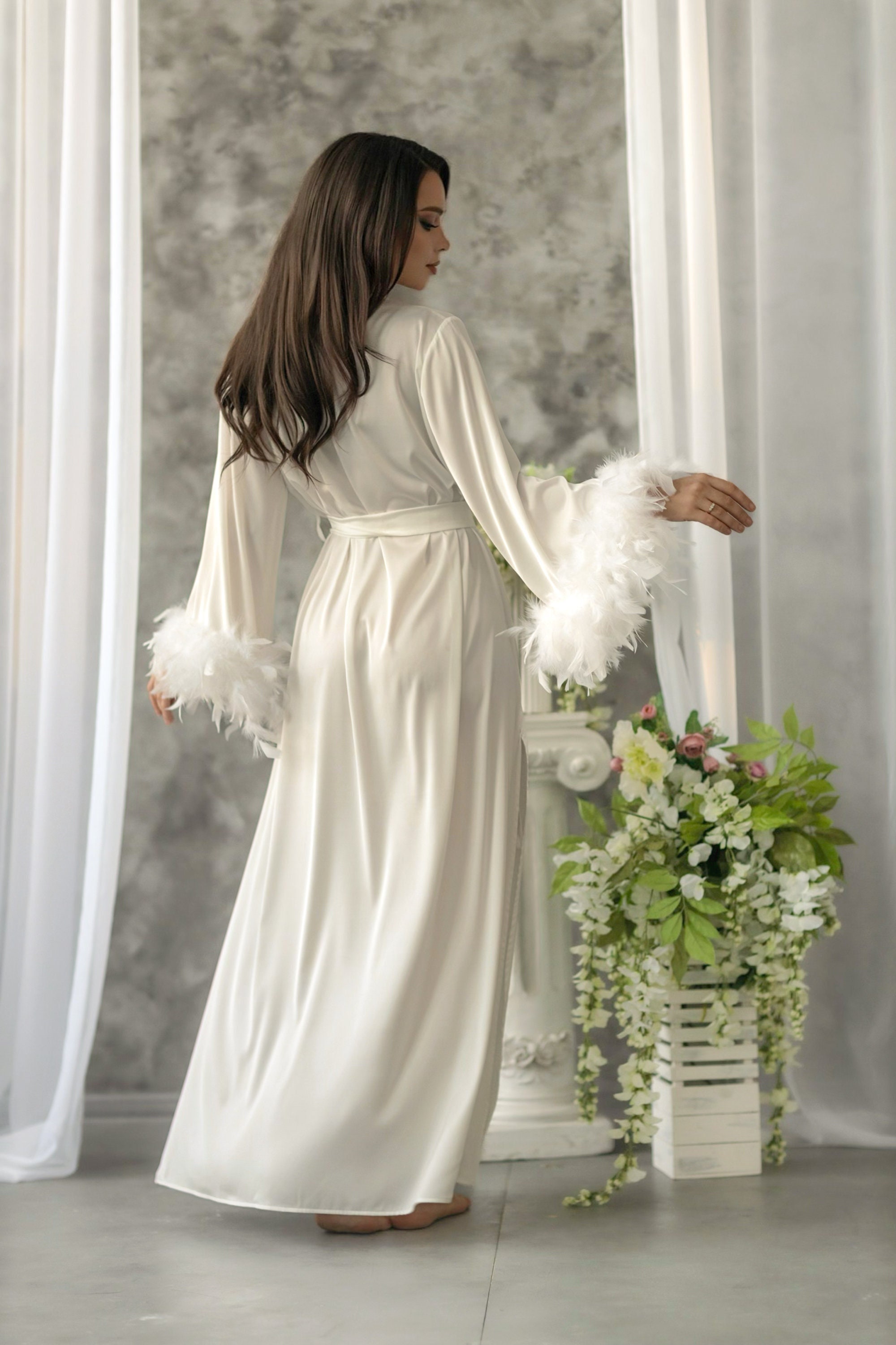 Soft White Wedding Robe Bridal Feather Sleeves Gown Bride Silk Boudoir  Robes Satin Bridal Lingerie Long Bathrobe Handmade Kimono - Robes -  AliExpress