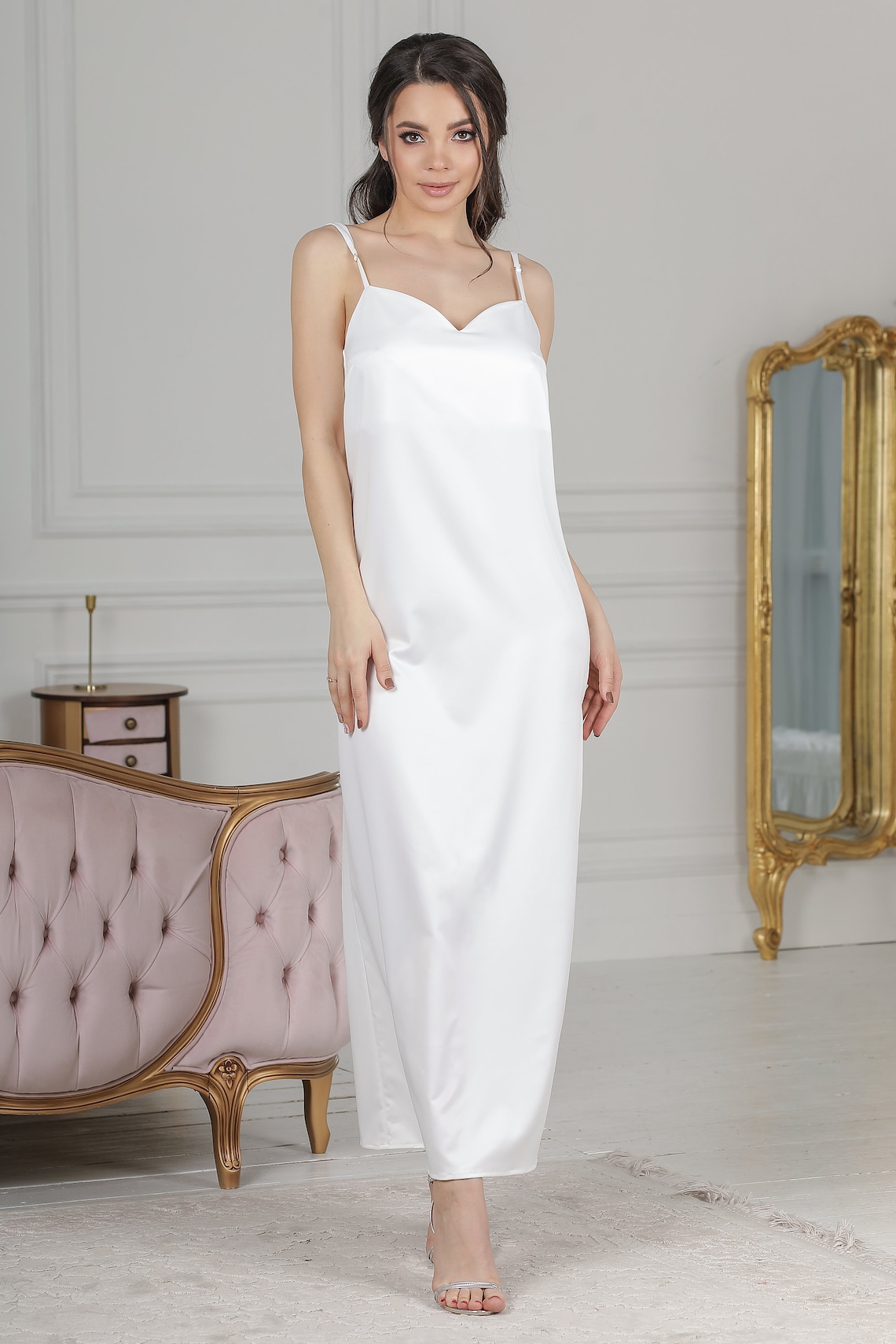 Nightgown White Long Satin Nightwear Women Silk Sleepwear Etsy