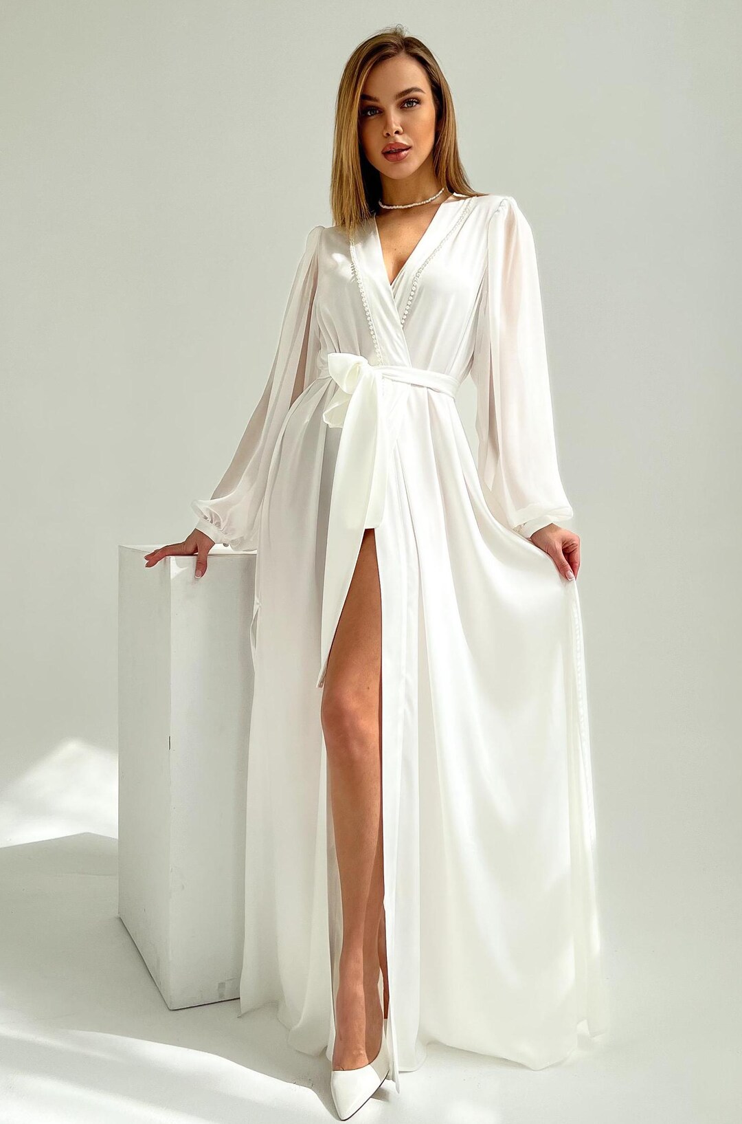 White Bride Robe Luxurious Long White Bride Robe Adorned With Pearls - Silk Bridal Robe ...