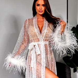 Luxury Long Bridal Robe – Sequin, Beaded & Ostrich Feather Sleeves | Sheer Wedding Morning Boudoir Gown | Bride Gift