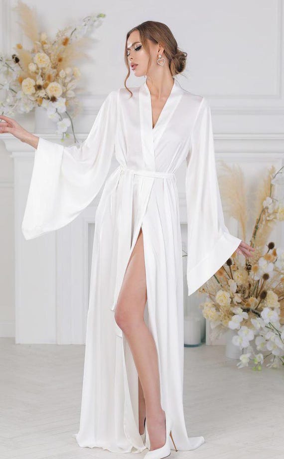 Long Silk Bridal Party Robe, Wedding Day Kimono, Bridesmaid Robes