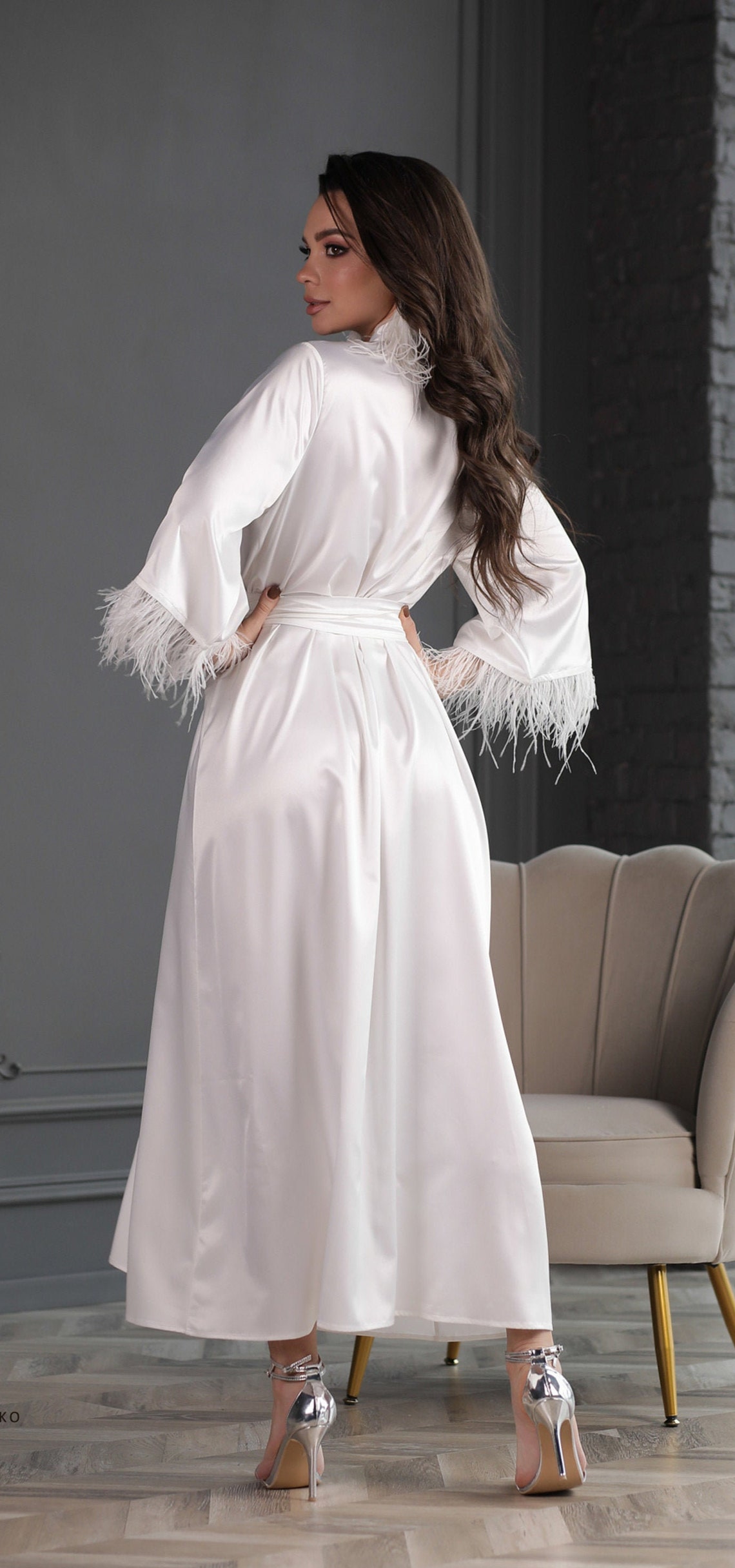 Long Silk Robe Satin Wedding Morning Feather Robe Silk Satin Etsy