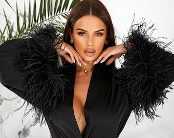 Silk Satin Robe with Ostrich Feather Sleeves: Bridal Glam Loungewear