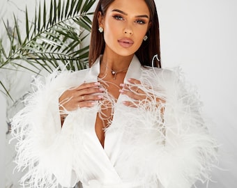 Bride robe with feather sleeves Long white satin silk robe for wedding day Morning wedding outfit Kimono robe Christmas gift
