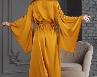 Champagne Silk Satin Kimono Robe, Long Bridal Dressing Gown