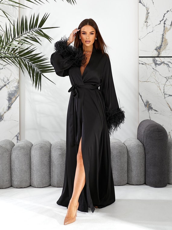 black satin dressing gown long Black Silk Satin Bridal Robe With Ostrich Feathers, Getting Ready Gown,  Bride Gift