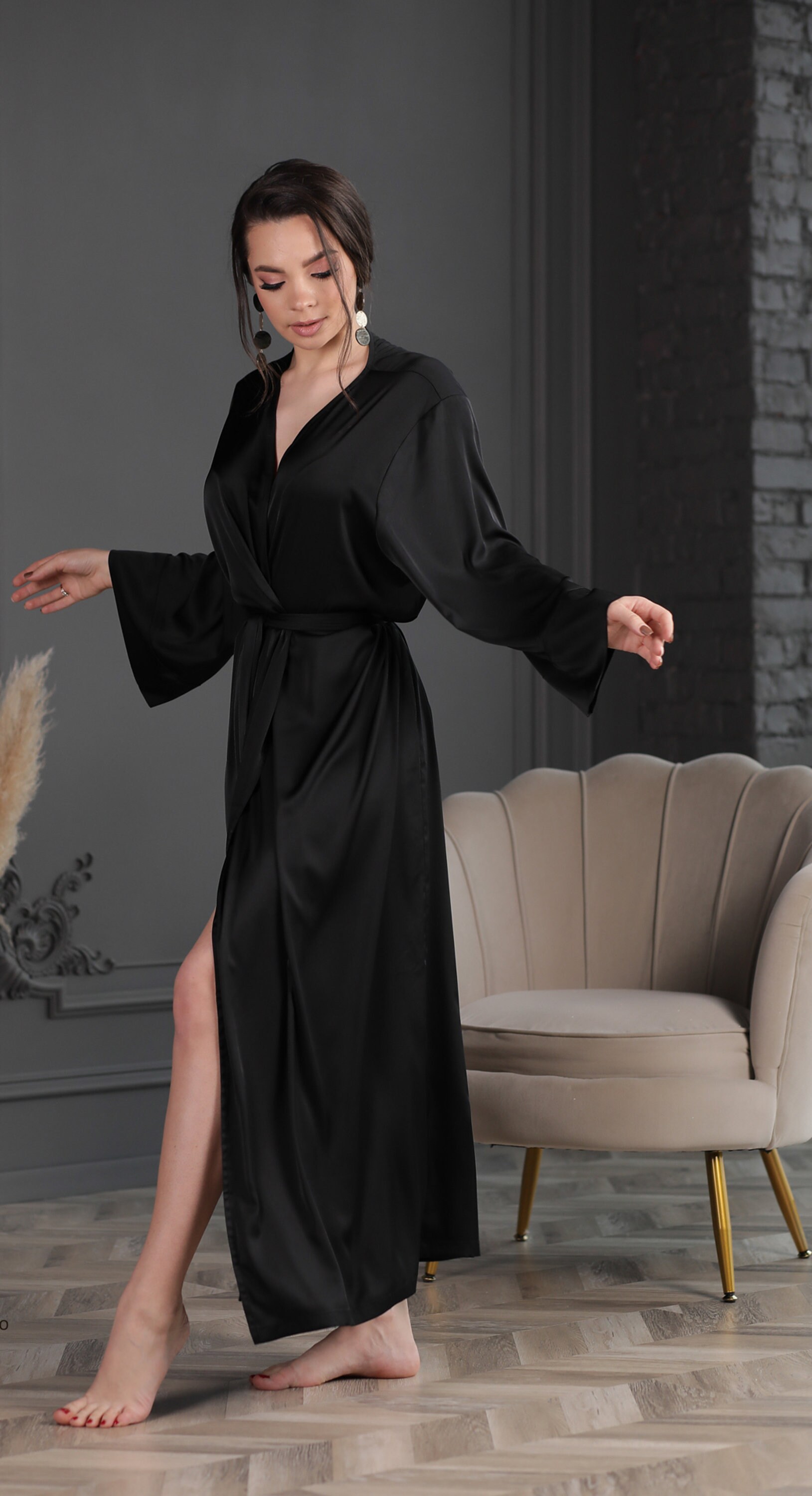 Black robe Silk Luxury black kimono robeLong black robeLong Etsy