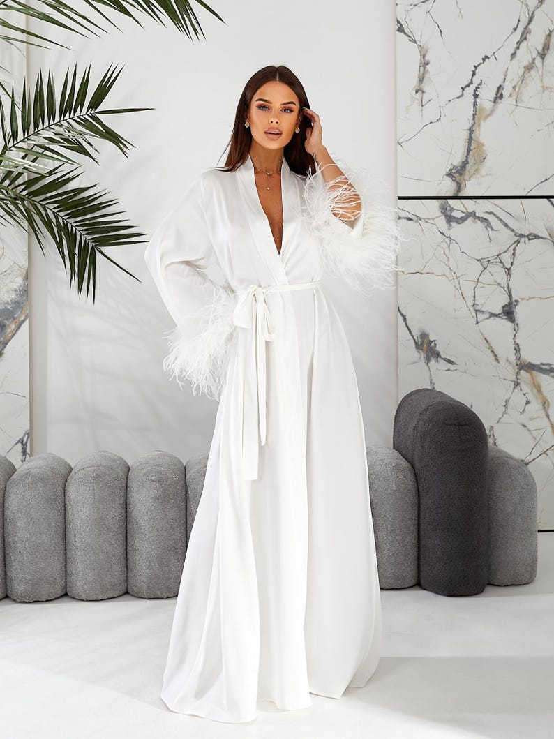 Feather Lined Robe Feather Bridal Robe, White Silk Satin, Luxury Wedding Morning Boudoir ...