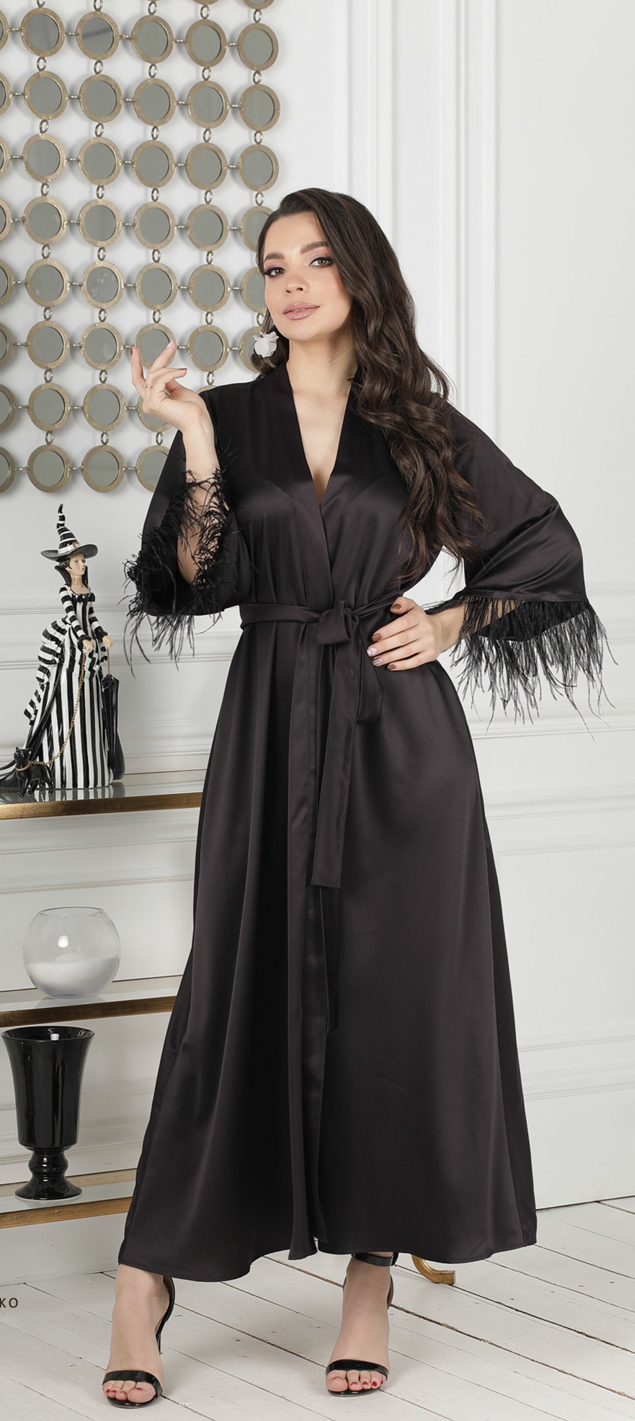 Long silk robe Black satin robe Boudoir long robe Silk Etsy