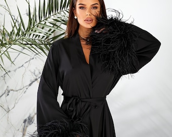 Black Feather Robe, Satin Silk Floor Length Dressing Gown, Bridesmaid Gift
