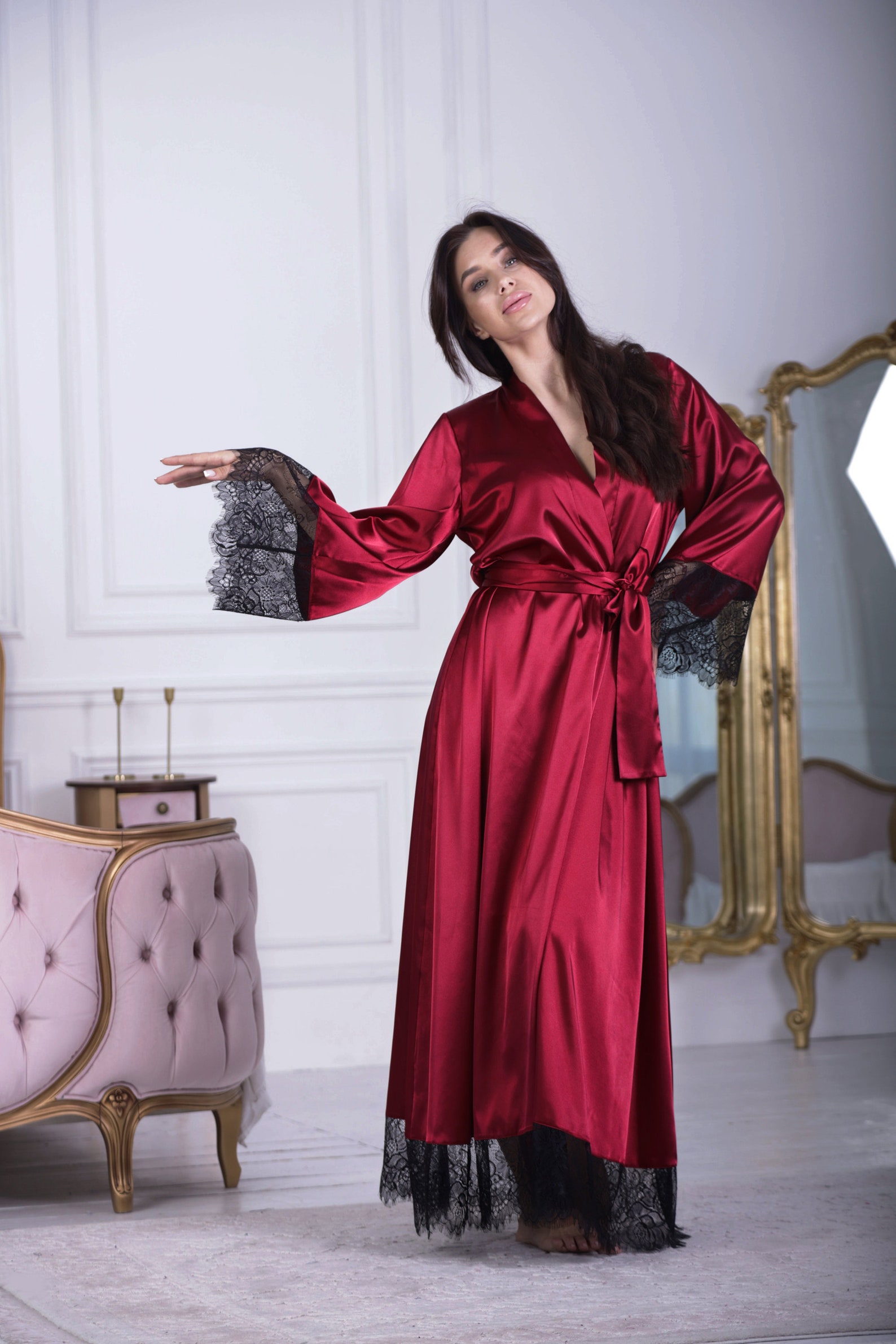 Silk kimono Red silk robe Long silk robe Long dresing gown Etsy