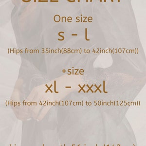 May include: Size chart for a kimono with measurements in inches and centimeters. One size fits hips from 35 to 42 inches (88 to 107 cm). Plus size fits hips from 42 to 50 inches (107 to 125 cm). Kimono length is 56 inches (142 cm).