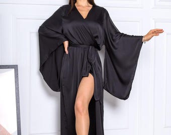 Long Silk Kimono Robe, Wide Sleeves, Plus Size Satin Loungewear