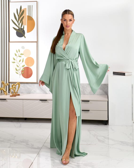 green satin dressing gown Sage Robe, Long Kimono with Wide Sleeves for Bridesmaids bridalmuse