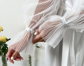Weddidng robe / Bridal robe with pleated sleeves / Bridal robe with tulle / Long bridal robe / Bridal boudoir robe / Wedding dressing gown