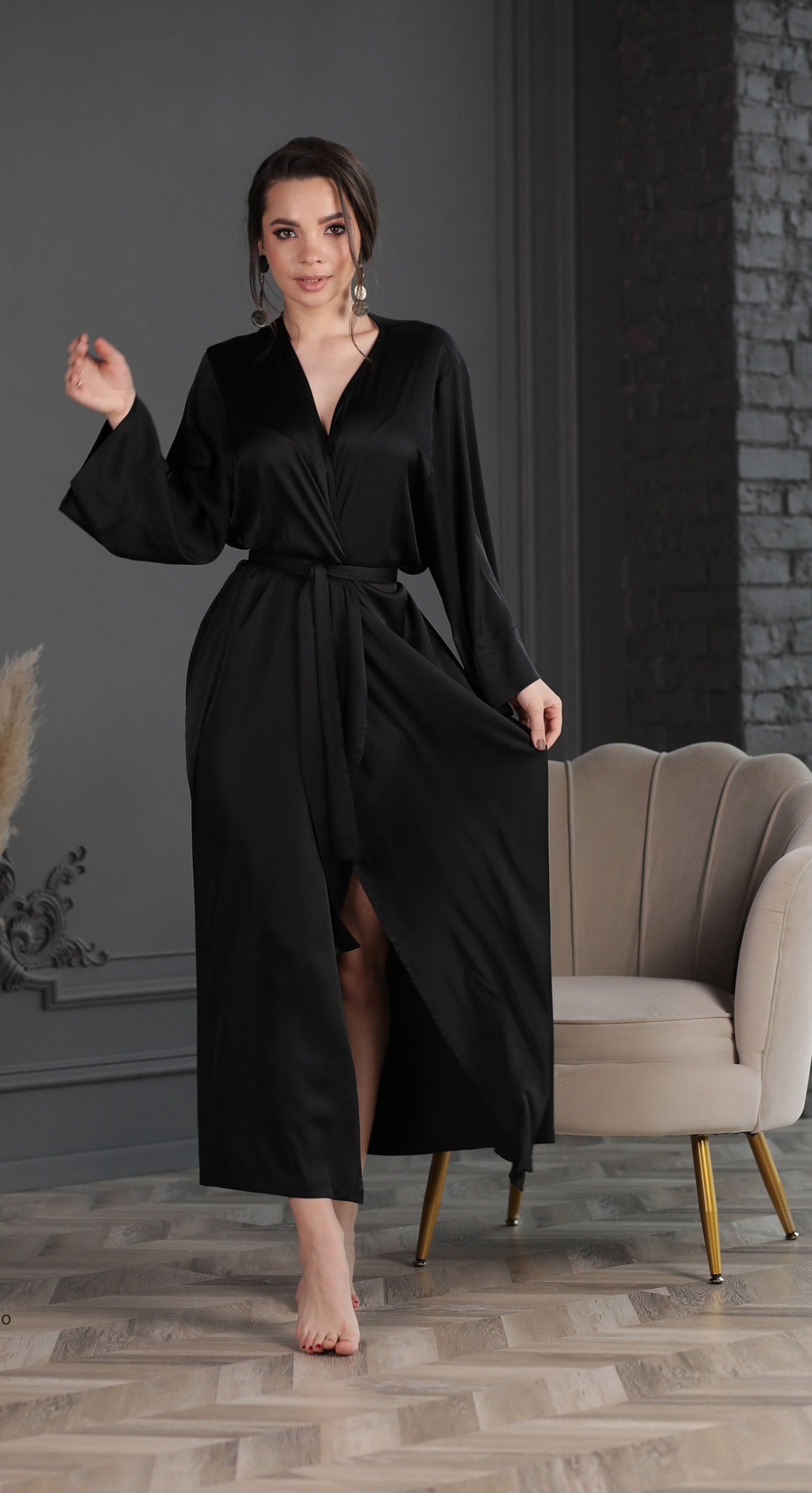 Robe noire Robe kimono noire de luxe en soie Longue robe | Etsy