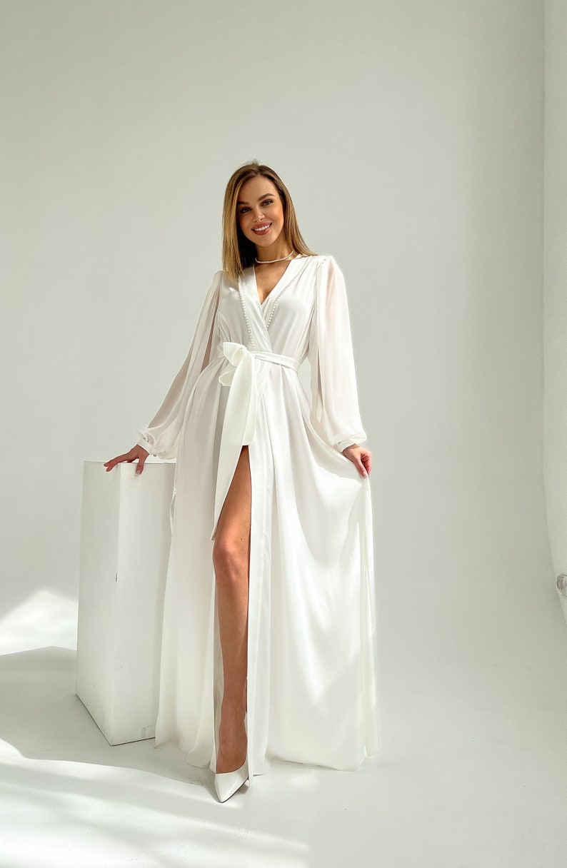 Long Pearl Sleeve Silk Bridal Robe, Wedding Morning Kimono