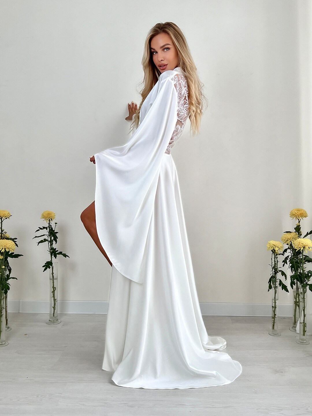 Long Silk Robe / Bride Robe for Wedding Day / Long Bridal Robe With