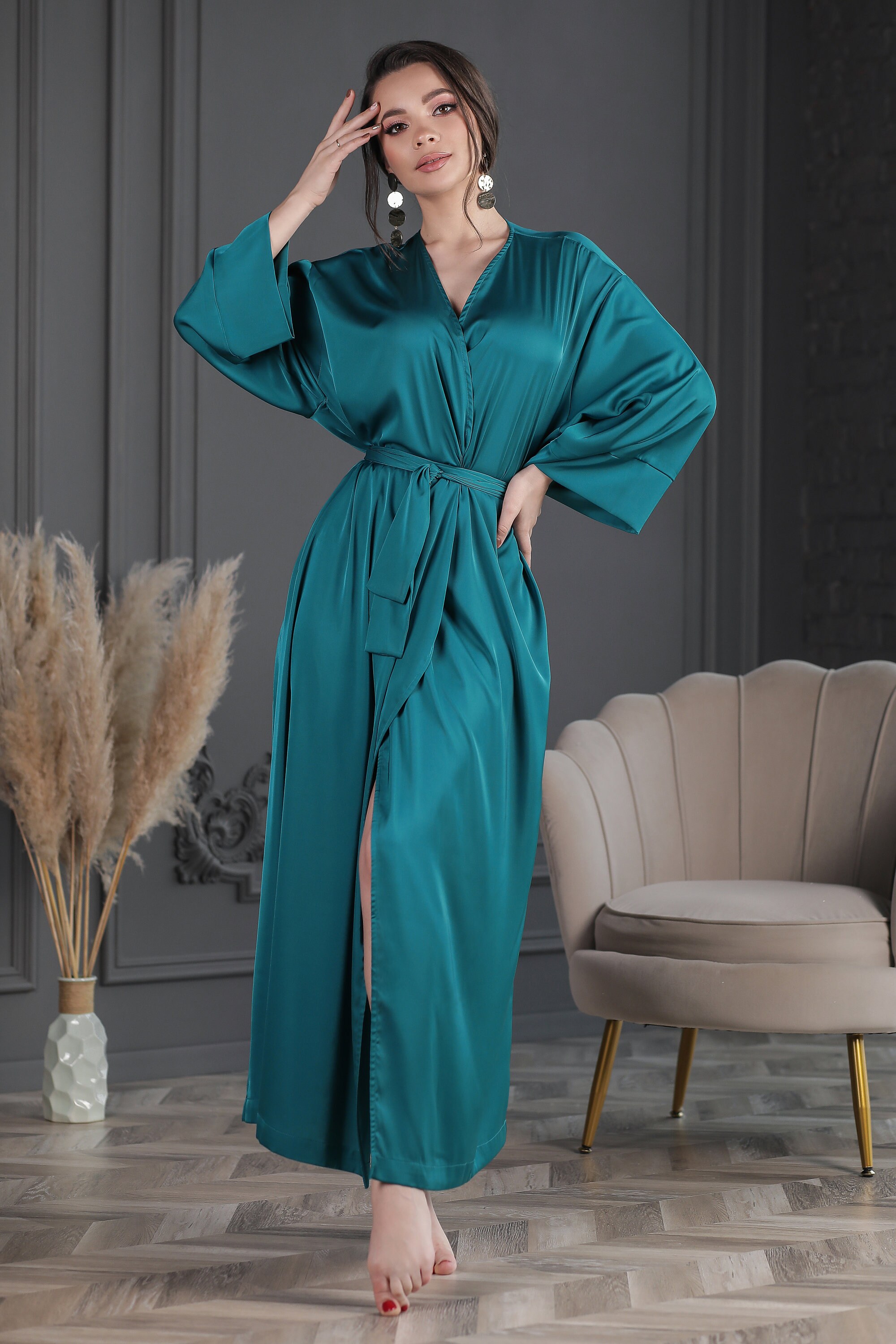 Lange zijde gewaad / Zijde kimono gewaad / Lange satijnen Etsy