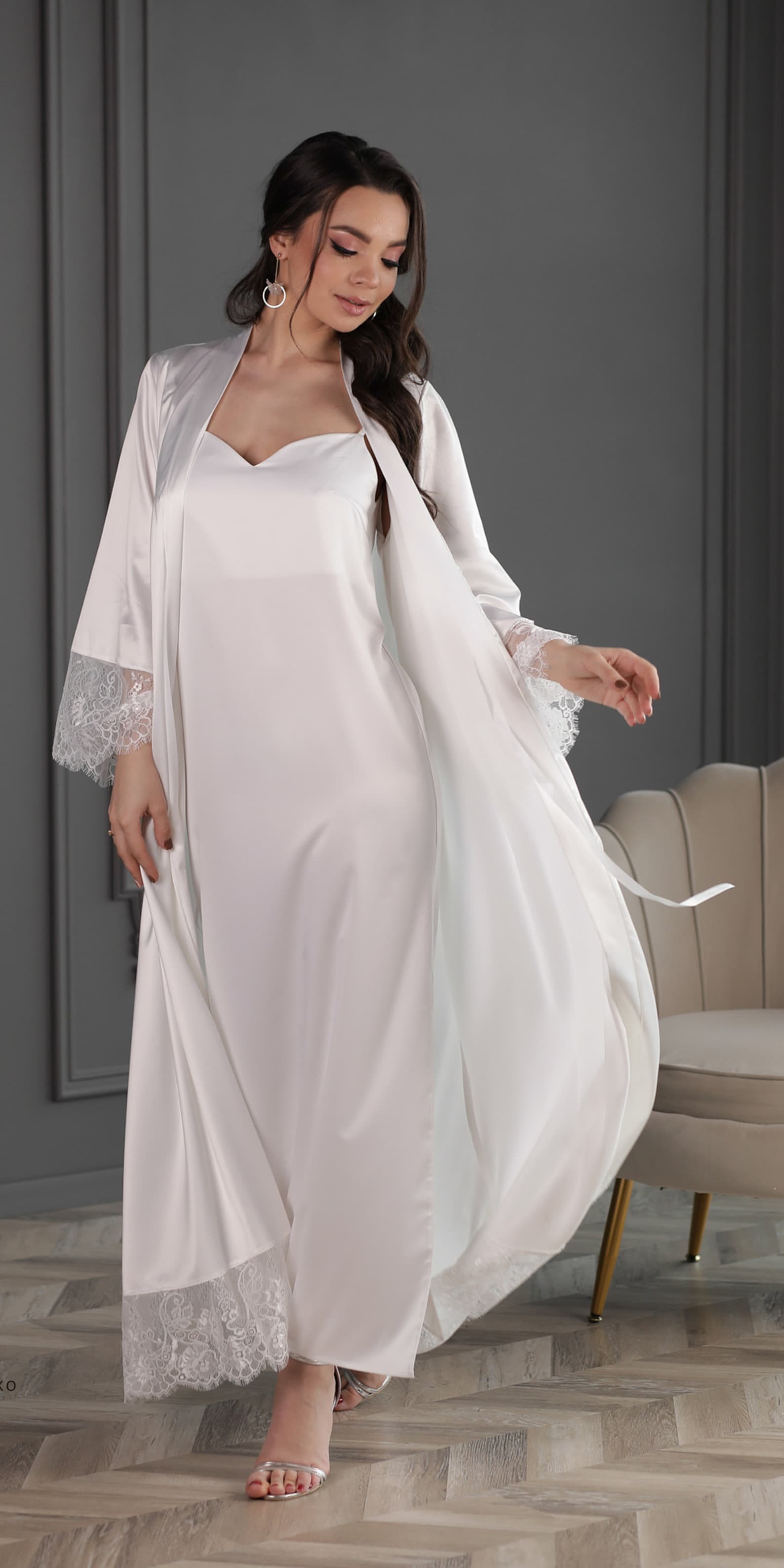 White nightwear set Nightgown long robe set Satin silk Etsy