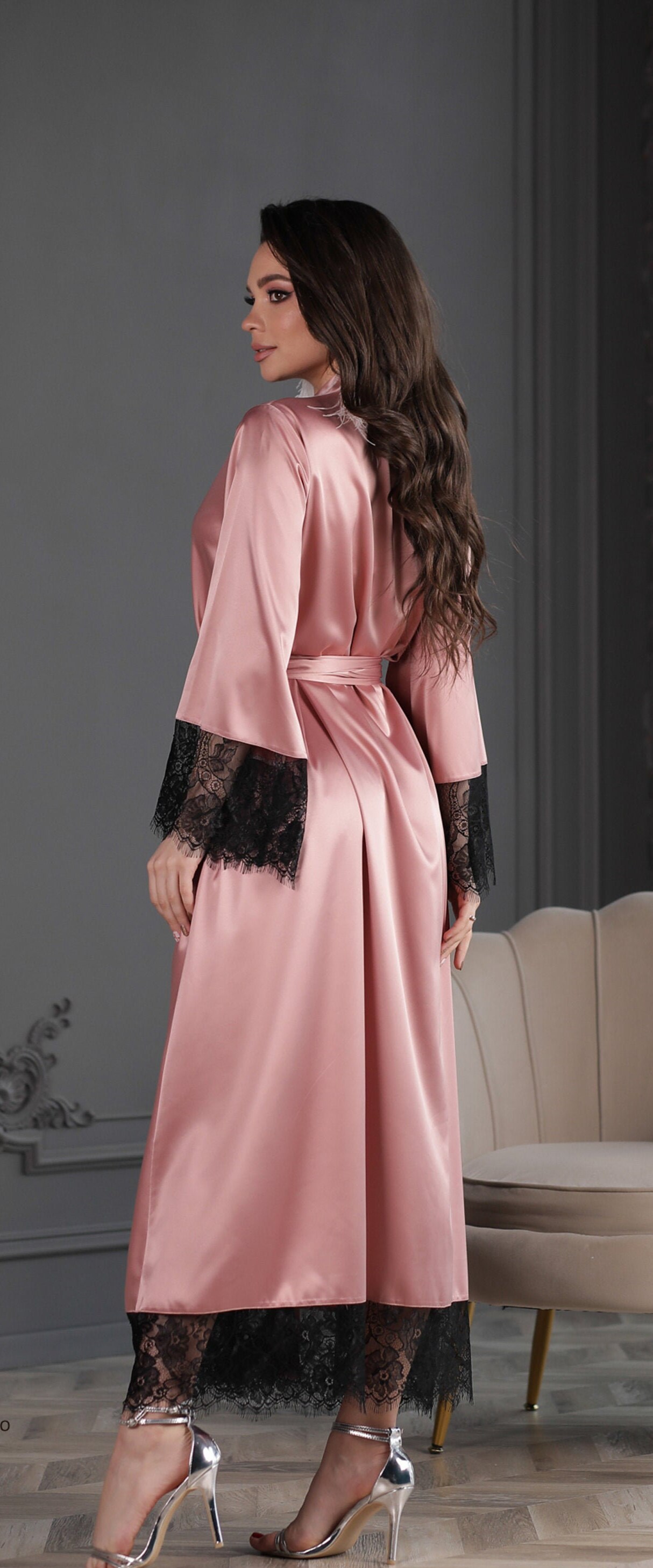 Pink dressing gown robe Lace trim peignoir robe Bridesmaid Etsy