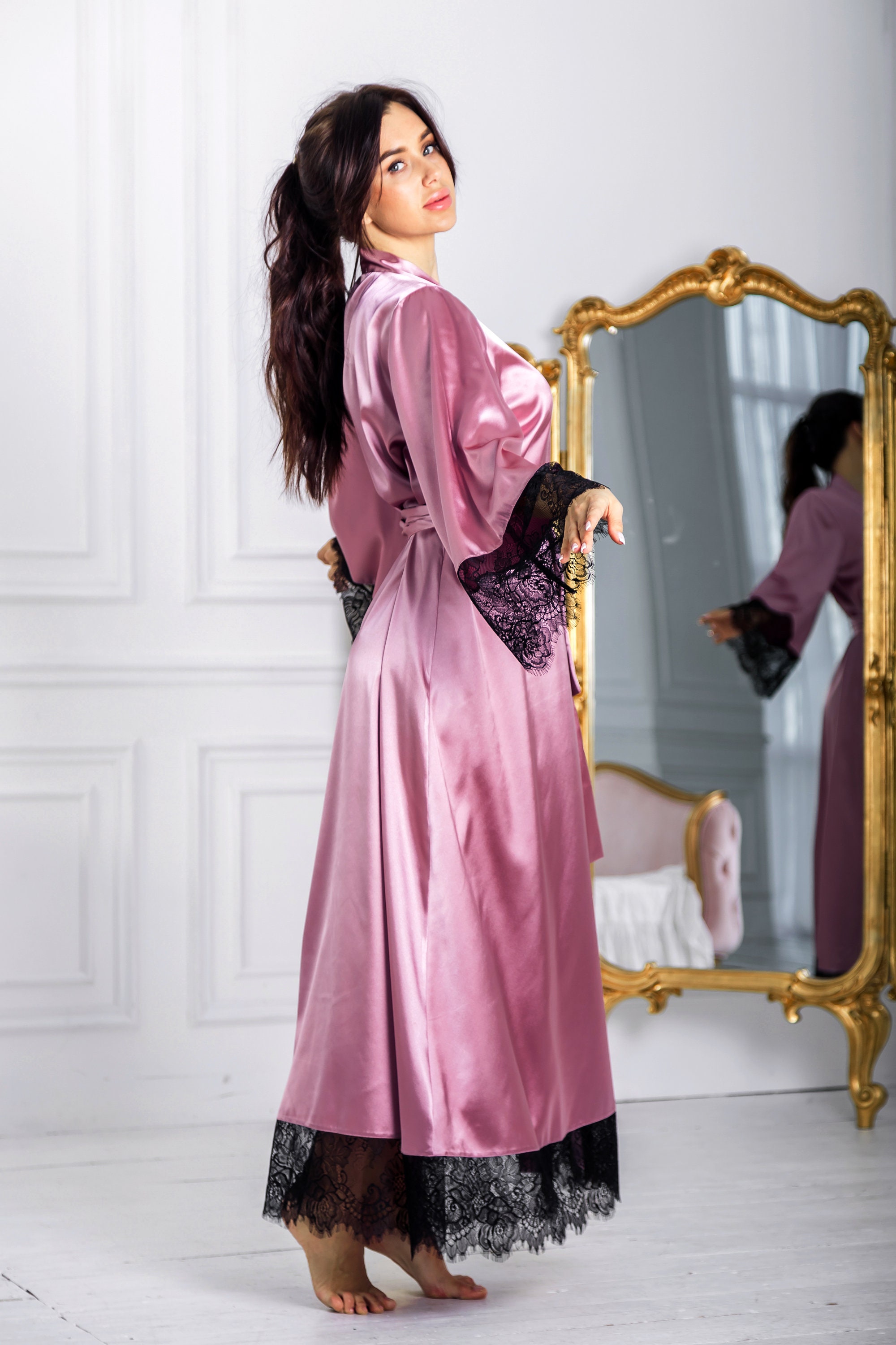 Silk kimono Red silk robe Long silk robe Long dresing gown Etsy