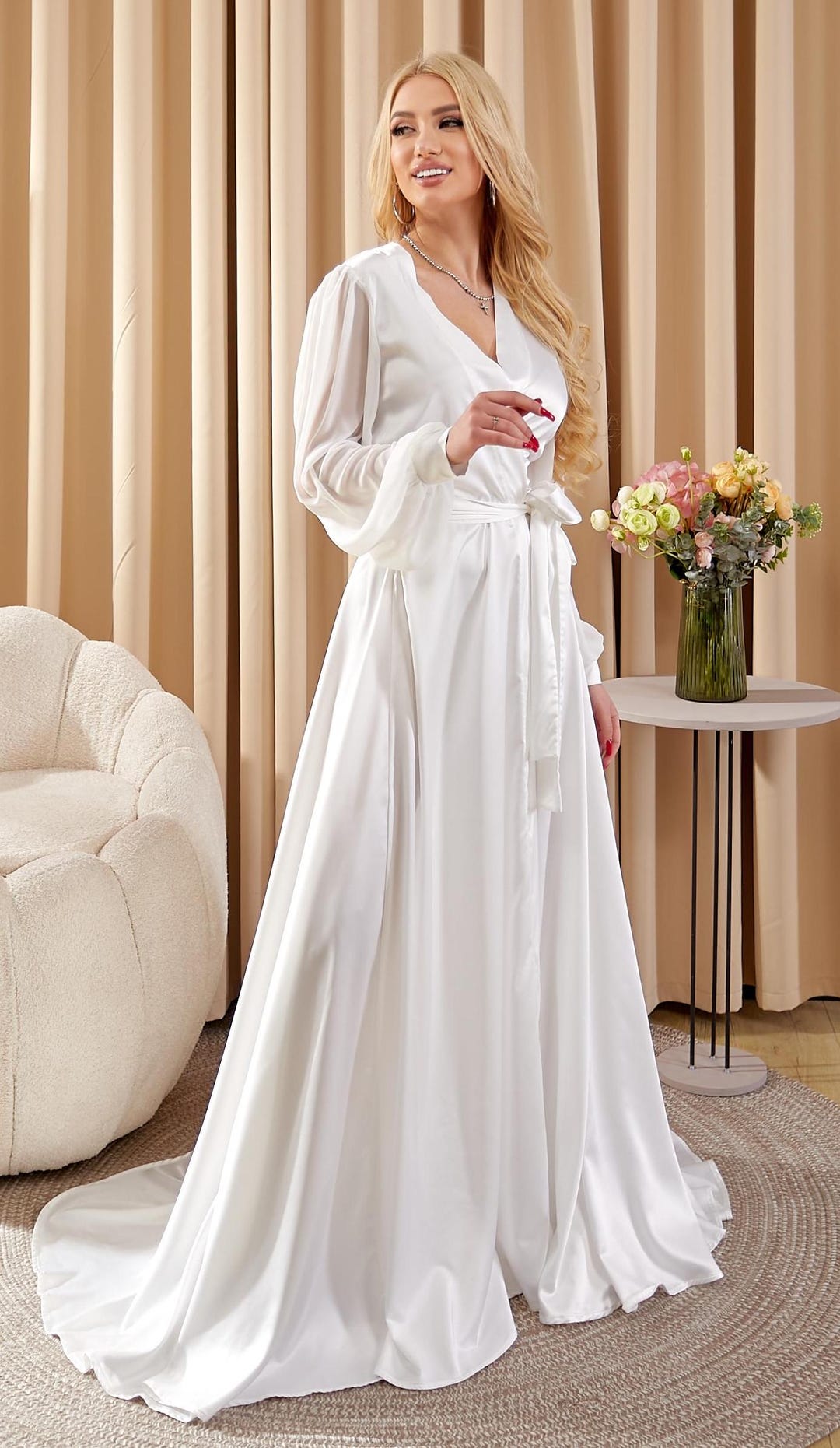 Long Lace Wedding Robe With Train for Bride, White Bridal Robe ...