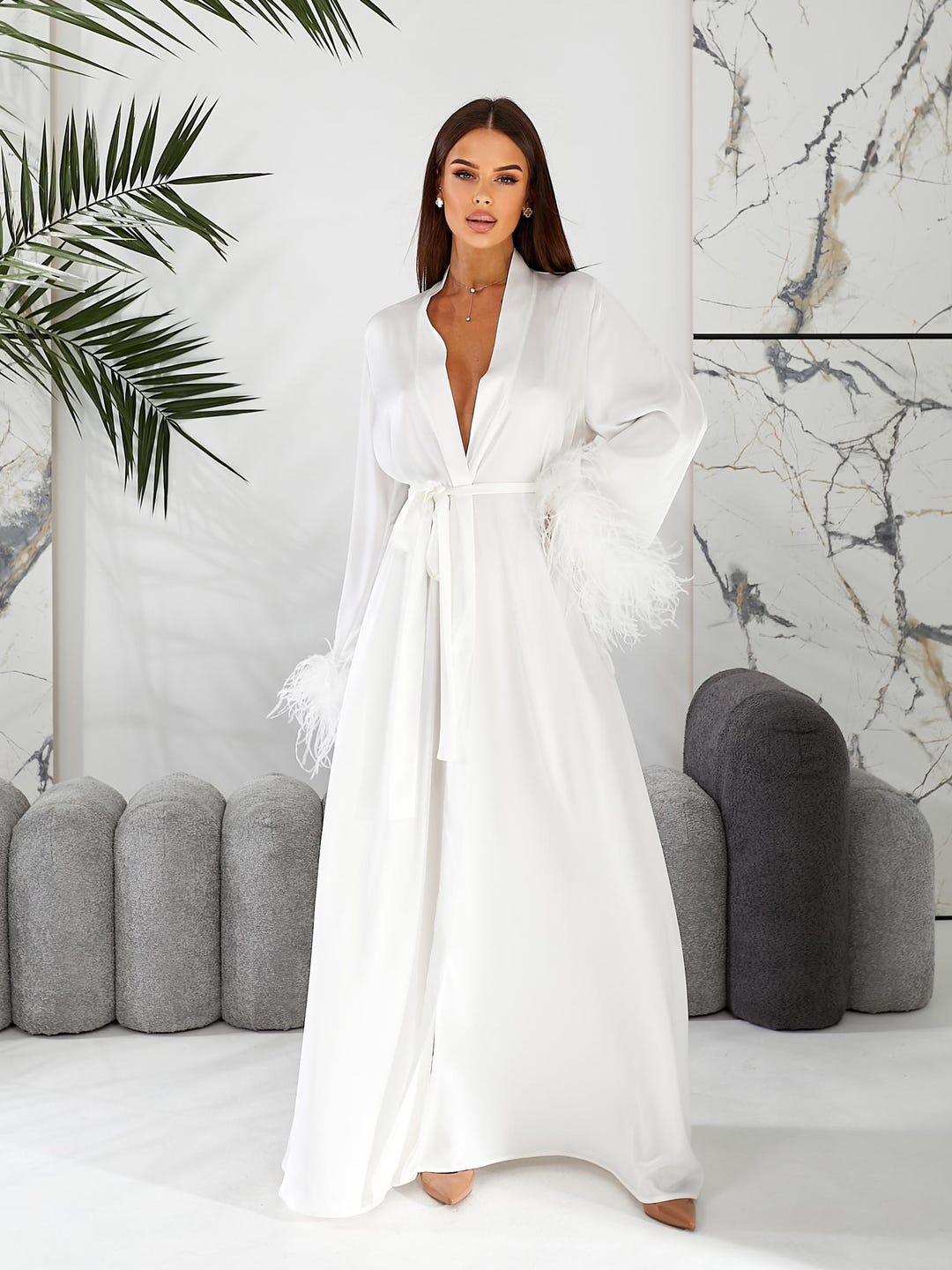 White Silk Bridal Robe With Ostrich Feathers, Sheer Maxi Wedding — free download