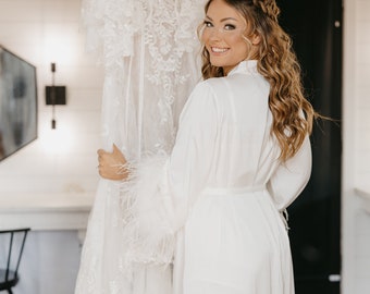 White Bridal Feather Robe, Long Silk Satin Wedding Dressing Gown