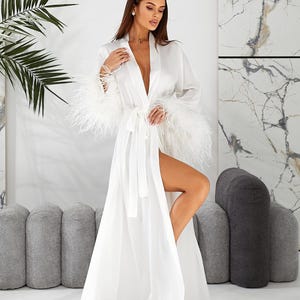 PRODESIGN Satin Kimono Robe With Ostrich Feather Trim - Long Bridal Robe For Weddings & Special Occasions