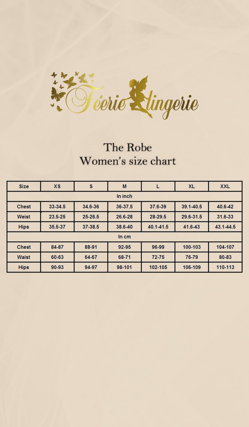 Puede incluir: Tabla de tallas para la lencer&iacute;a "The Robe", con medidas en pulgadas y cent&iacute;metros. La tabla incluye medidas de pecho, cintura y cadera para las tallas XS a XXL. El logo "F&eacute;erie Lingerie" est&aacute; en la parte superior.