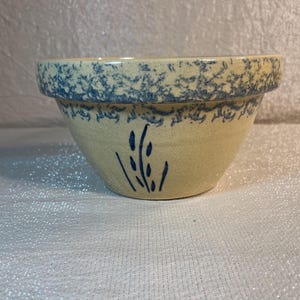 May include: A ceramic bowl with a cream-colored base and a blue floral design. The rim of the bowl has a blue speckled pattern. The bowl has a simple, rustic aesthetic.