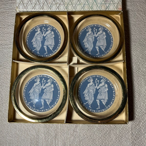 Cera Glass  Company Etruscan Frieze ?22 KT Gold Coasters - Set of 4 in box - Mid Century Modern