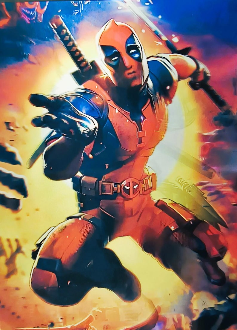 May include: Illustration of Deadpool in a dynamic pose, clad in a red and black suit with a mask. He is holding a sword and has a belt buckle with a circular logo. The background features a fiery, action-packed scene.