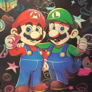May include: Illustration of Mario and Luigi from Super Mario Bros. Mario wears a red hat and shirt with blue overalls. Luigi wears a green hat and shirt with blue overalls. The background is black with neon pink and yellow accents.